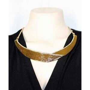 Chico's Goldtone Textured Crescent Collar Crystal Trim Modernist 20" Necklace